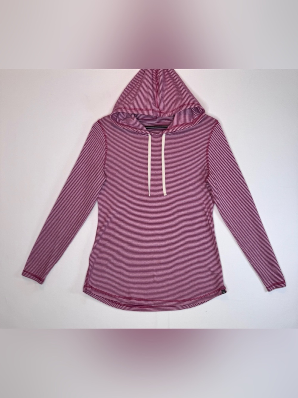 Eddie Bauer Women's Size L Cranberry and Cream Striped Long Sleeve Hooded Top
